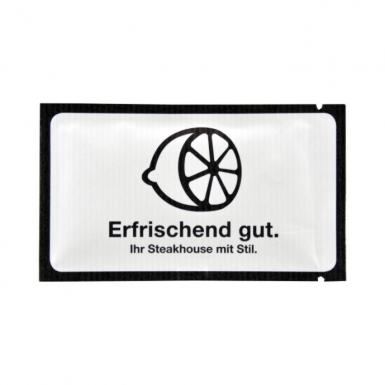 Erfrischungstücher Steakhouse 1 Farbig bedruckt auf weiss Kraftpapieren Sachet mit Ökologisch Erscheinungsbild